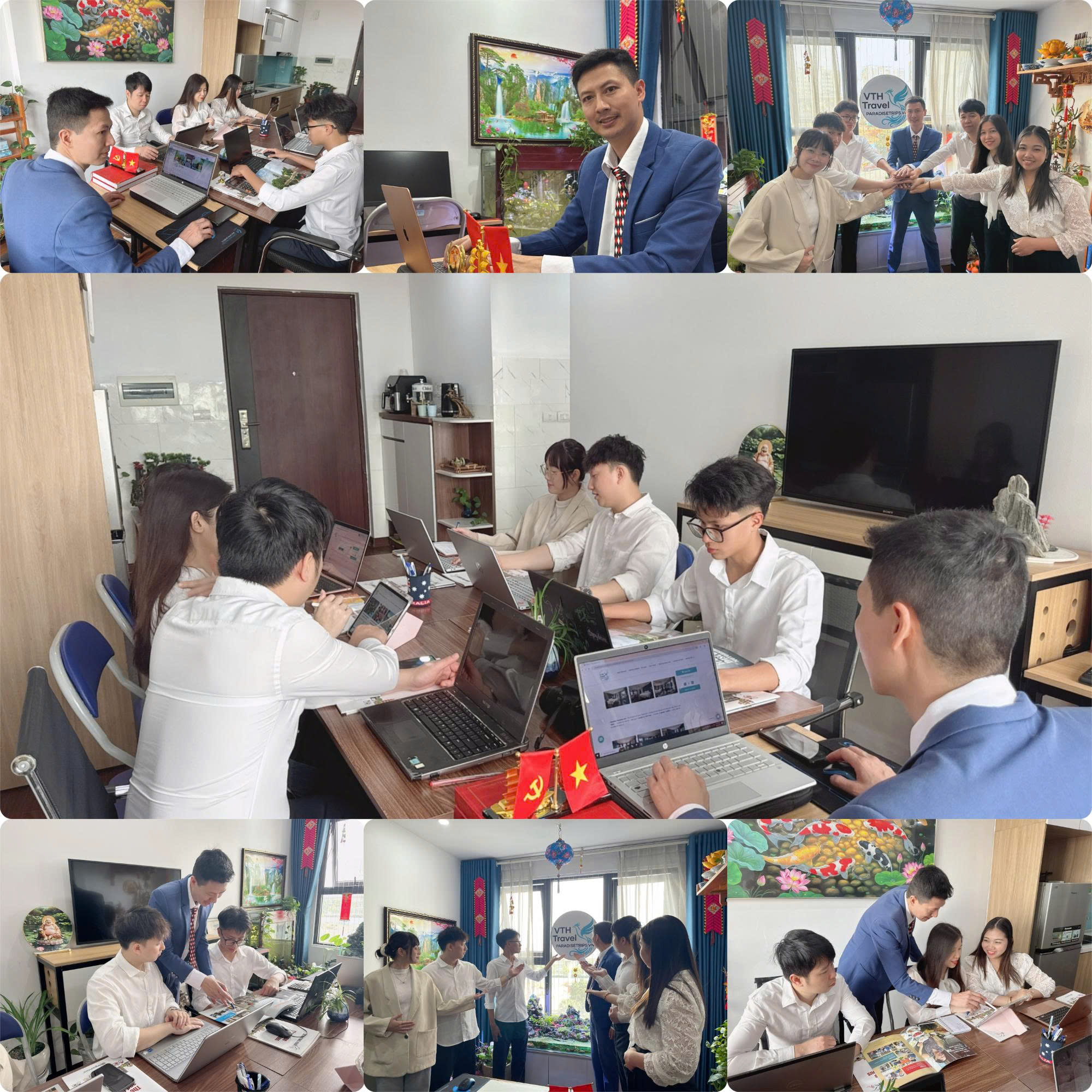 Dr. Son and the VTH Travel expert team working together in a professional office setting for bespoke Vietnam tours.