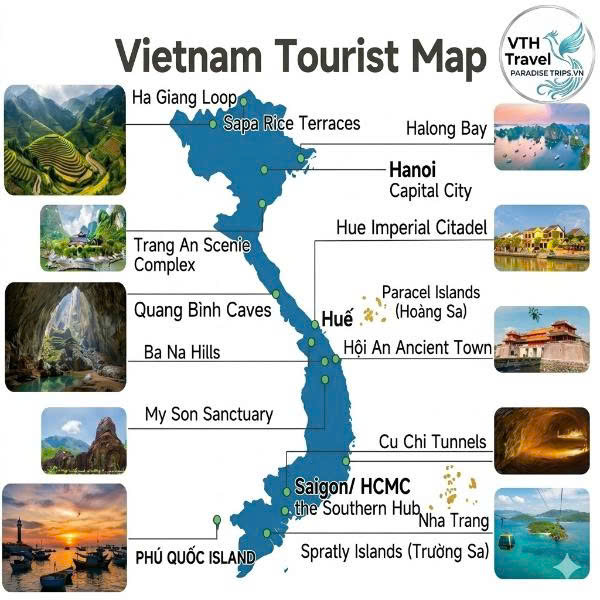 Interactive Vietnam tourist map for a bespoke Vietnam travel roadmap, showcasing major heritage sites and luxury destinations.