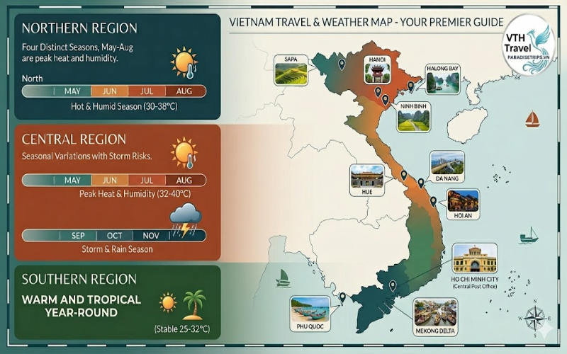 Vietnam climate guide by region: North, Central, and South seasonal weather patterns for your bespoke Vietnam travel roadmap.