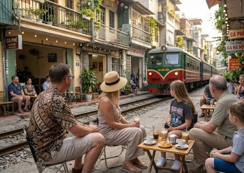 Family relaxing at Hanoi Train Street during a bespoke Vietnam tour.