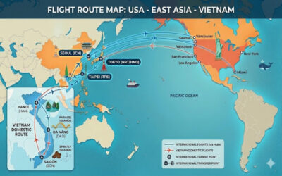 Optimal flight route map from the U.S. to Vietnam via East Asia transit hubs for your bespoke Vietnam travel roadmap.
