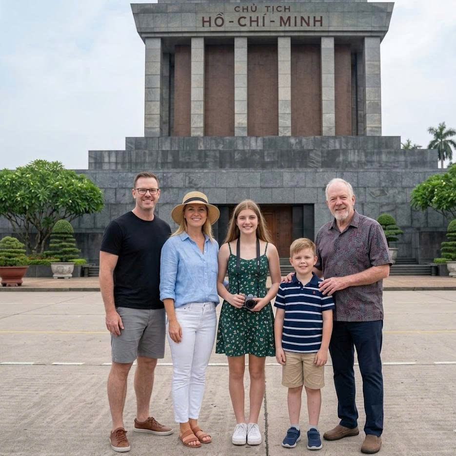 Family visiting Ho Chi Minh Mausoleum in Hanoi, Vietnam.