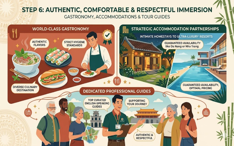 Authentic gastronomy, luxury accommodations, and professional guides for your bespoke Vietnam travel roadmap.