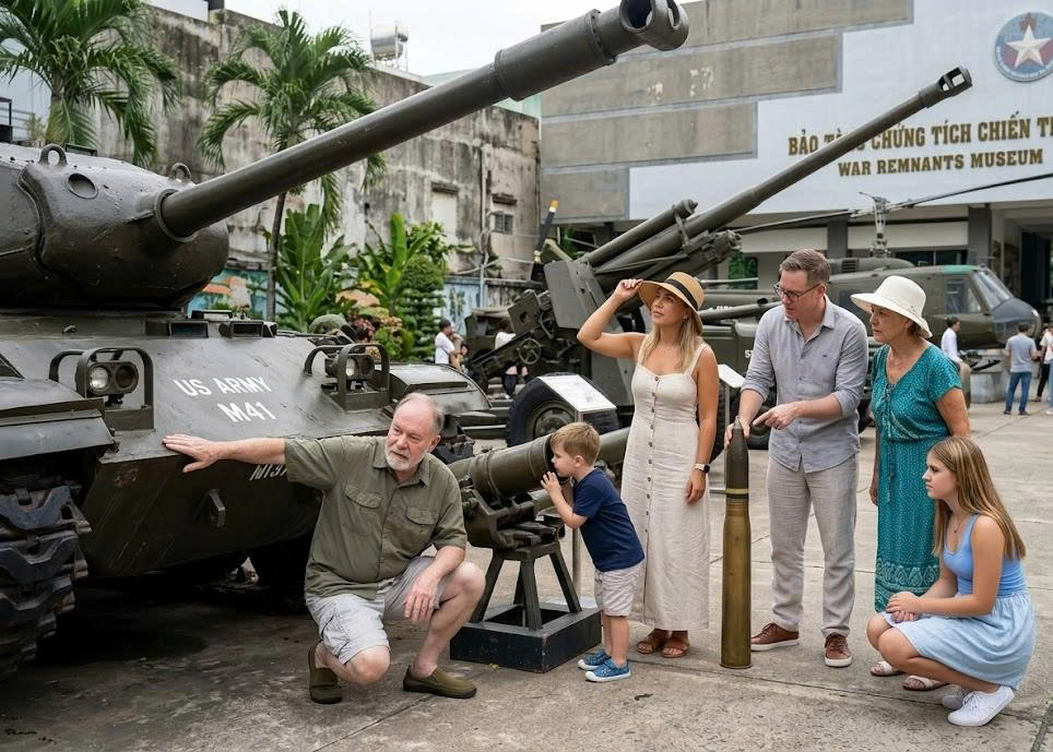 A family exploring historical military exhibits at the War Remnants Museum in Ho Chi Minh City, Vietnam.