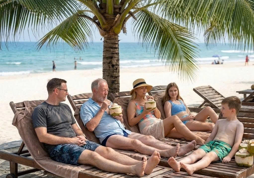 A family relaxing on sun loungers under a palm tree on a white sand beach in Vietnam.