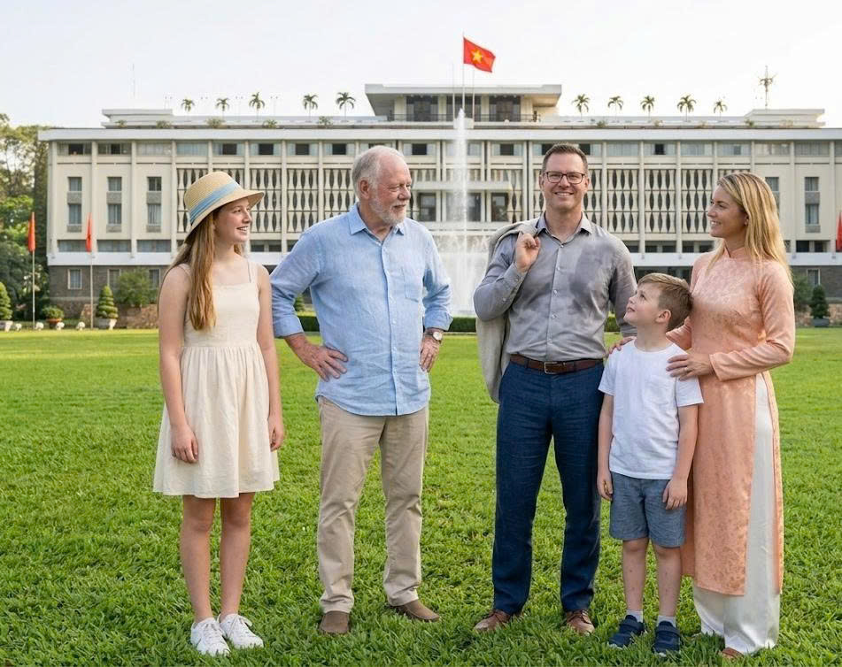 A family standing on the lush green lawn in front of the iconic Independence Palace in Ho Chi Minh City, Vietnam.