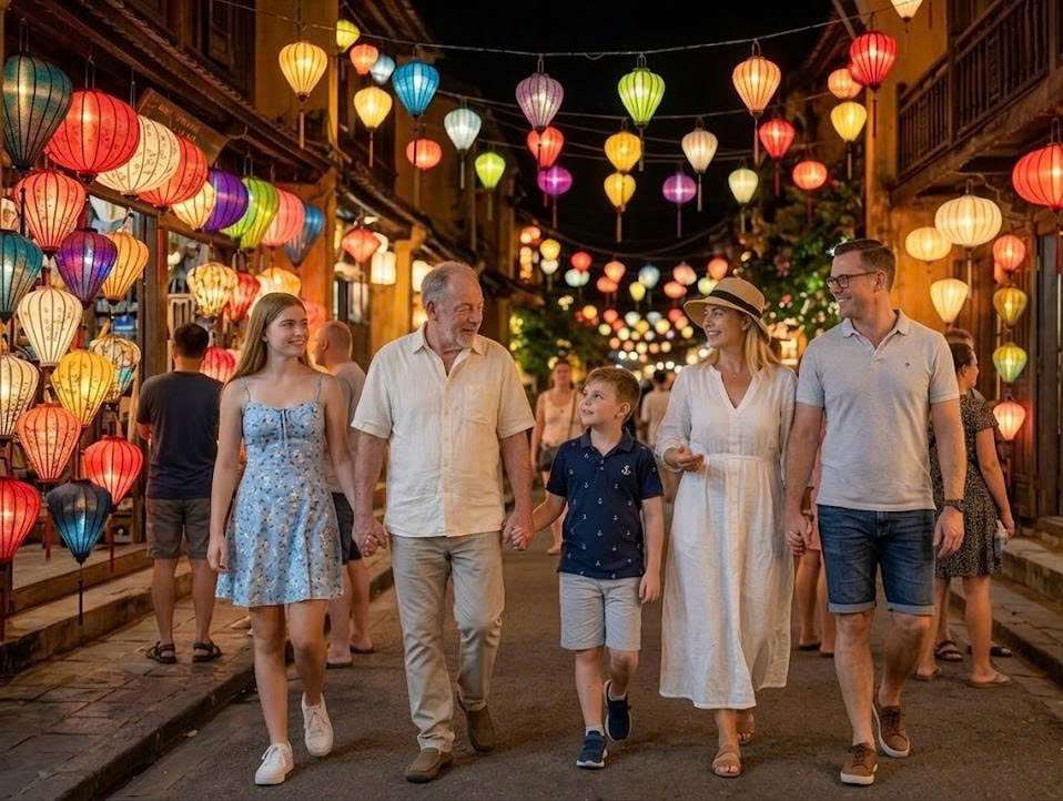 A family walking through the atmospheric streets of Hoi An Ancient Town, filled with vibrant traditional lanterns at night.