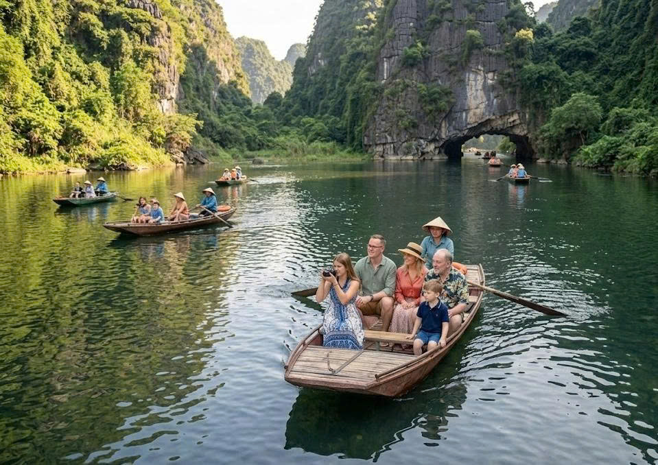 A family enjoying a peaceful, private boat tour through the stunning limestone landscapes of Trang An, Vietnam.