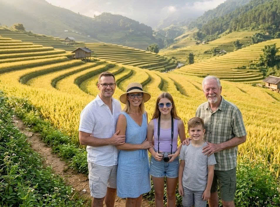 A family standing amidst the magnificent golden rice terraces of Mu Cang Chai, Vietnam.